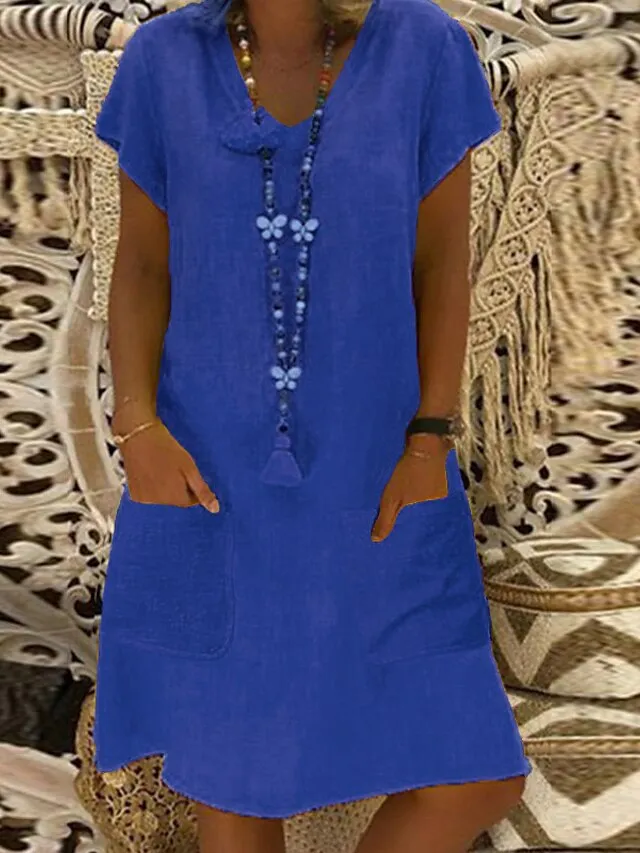 Women's Casual Dress Casual Dress Shift Dress Pure Color Pocket V Neck Midi Dress Basic Daily Vacation Short Sleeve Loose Fit Black Yellow Light Green Summer Spring S M L XL XXL