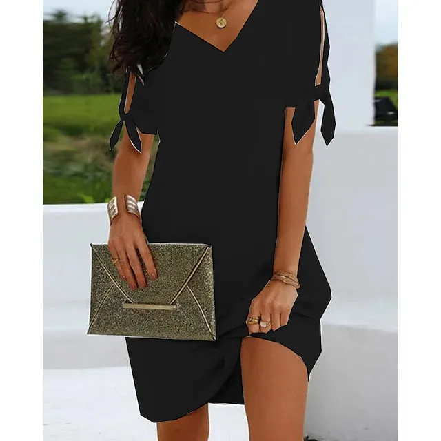 Women's Casual Dress Shift Dress Mini Dress White Short Sleeve Pure Color Bow Spring Summer V Neck Basic Daily Weekend Summer Dress 2023 S M L XL XXL 3XL 4XL