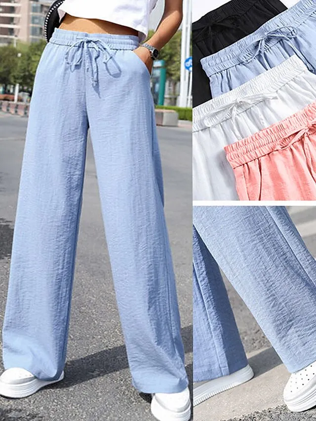 Women's Wide Leg Pants Trousers Baggy Full Length Pocket Baggy Micro-elastic High Waist Fashion Streetwear Street Daily Black White M L Summer Spring