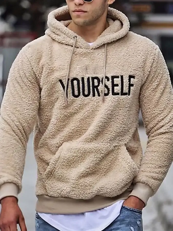 Men's Casual Pocket Letter Embroidered Fleece Pullover Hoodie