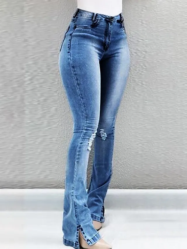 Women's Jeans Bootcut Flared Pants Full Length Denim Split Cut Out Micro-elastic Mid Waist Fashion Casual Weekend Light Blue Black S M