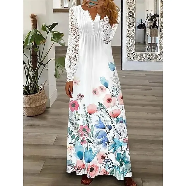 Women's Floral Lace Pleated Dresses Eyelet Long Dress Maxi Dress A Line Dress Print Dress Fashion Casual Outdoor Daily Button Long Sleeve V Neck Regular Fit White Pink Red Spring Summer S M L XL