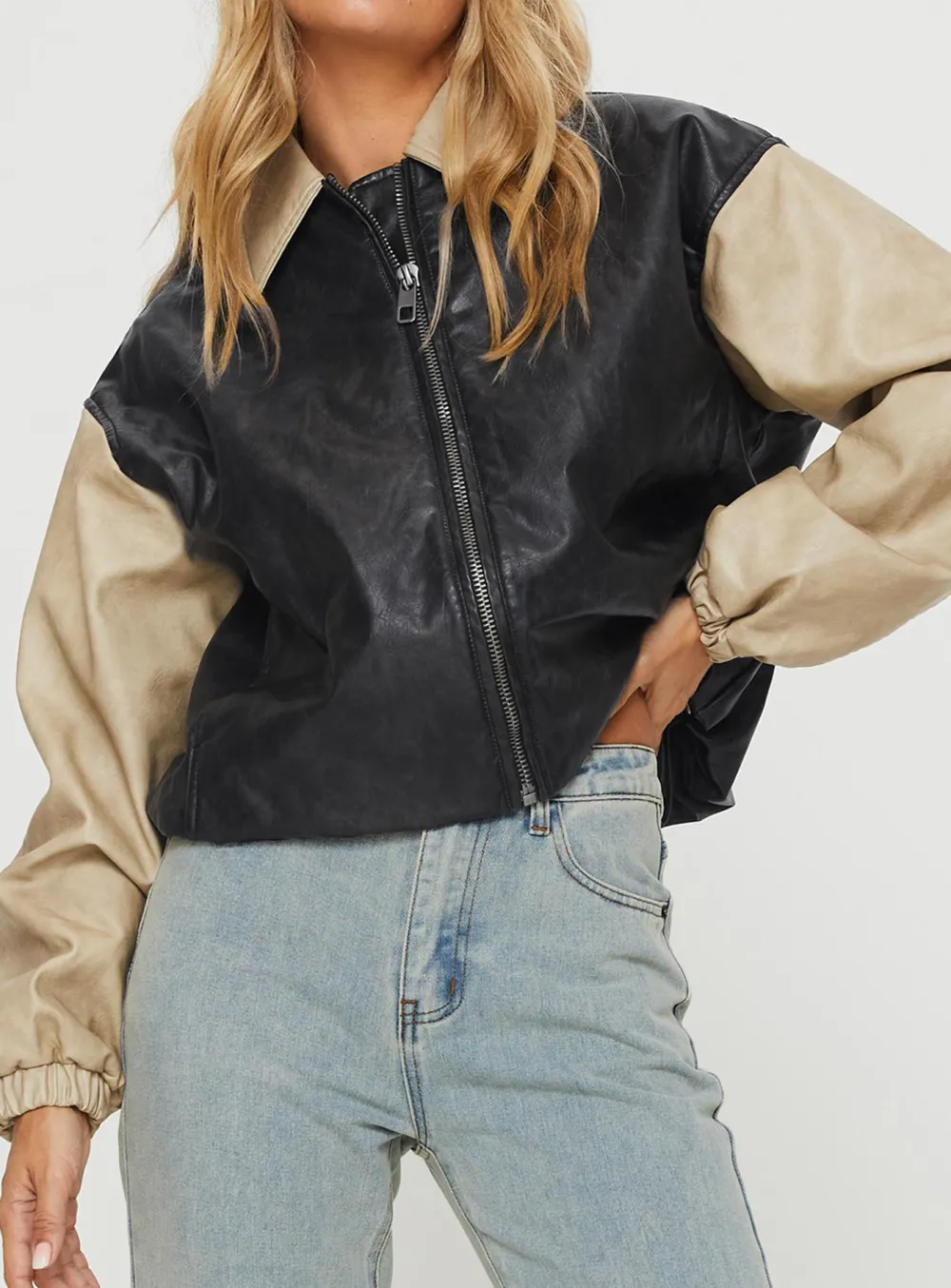 Two Tone Faux Leather Collared Jacket
