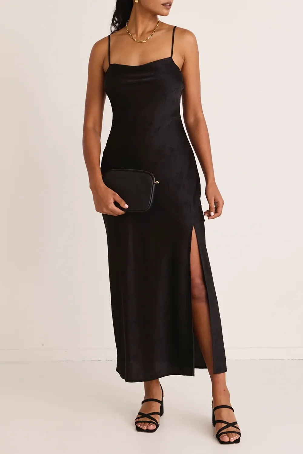 Black Jacquard Satin Strappy Bias Midi Dress