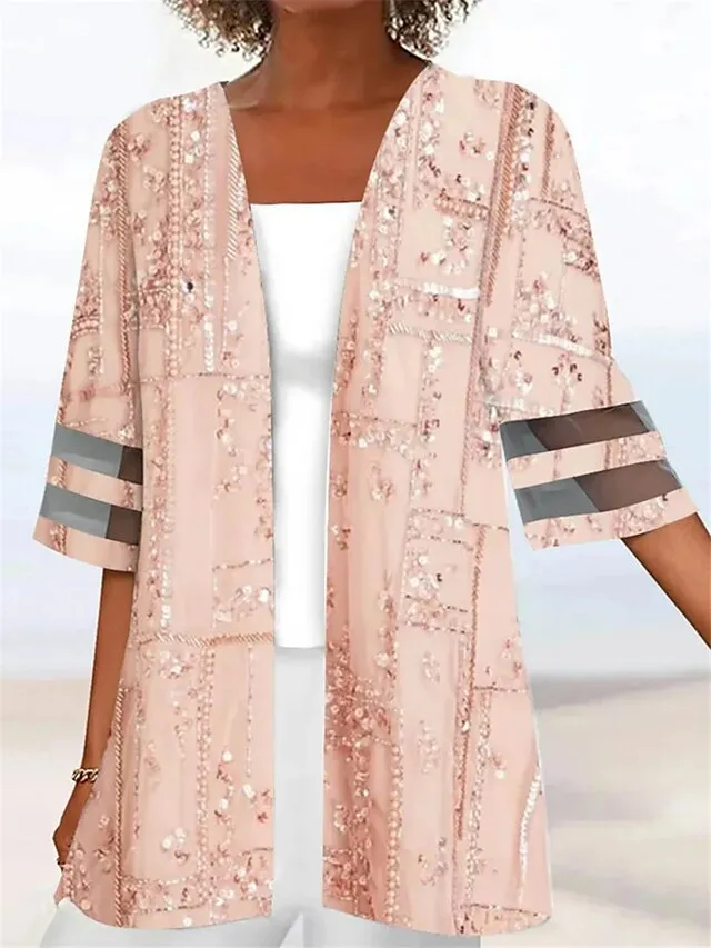 Women's Jacket Casual Jacket Outdoor Patchwork Floral Breathable Fashion Regular Fit Outerwear 3/4 Length Sleeve Summer Light Pink S