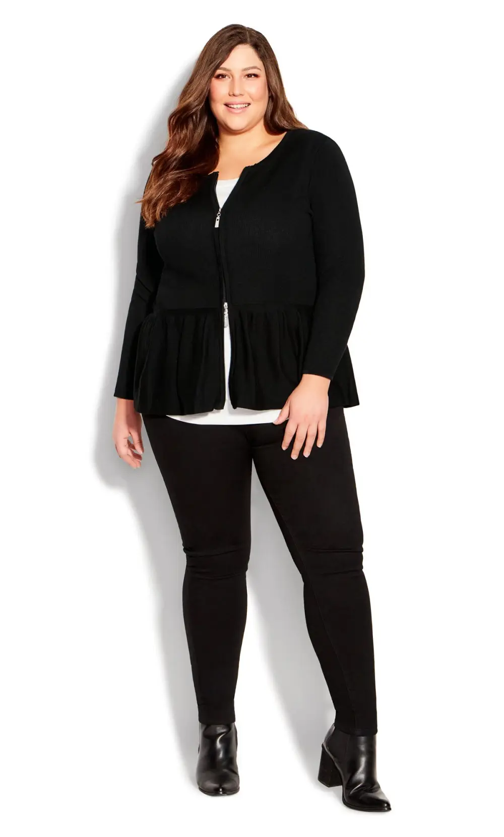 Evans Black Zip Front Frill Cardigan
