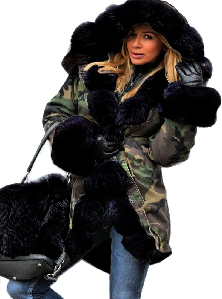 Womens Hooded Camouflage Warm Winter Coats Faux Fur Jacket Parka Overcoat