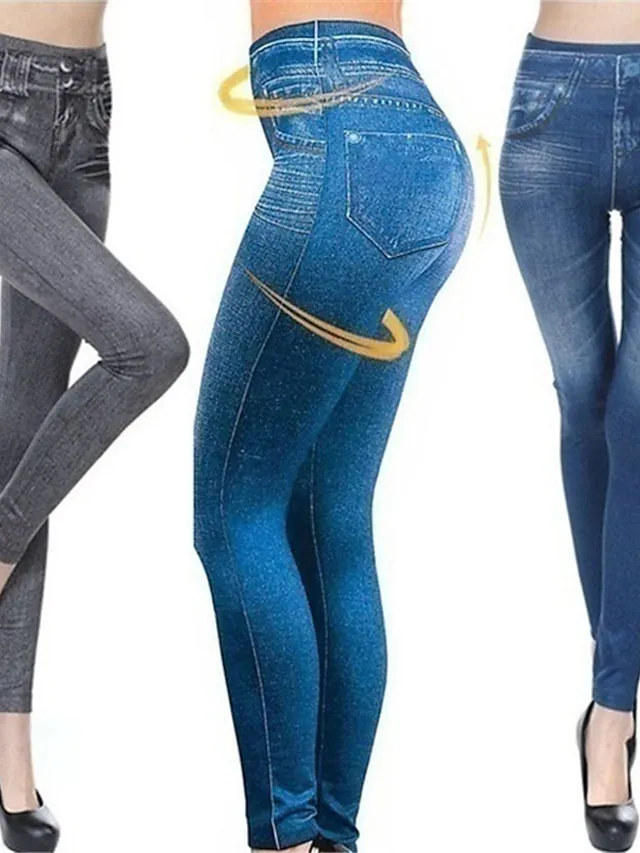 Women's Casual / Sporty Athleisure Skinny Tights Leggings Print Ankle-Length Pants Casual Weekend Stretchy Solid Color Denim Faux Denim Tummy Control Butt Lift High Waist Skinny Black Blue Grey S M L