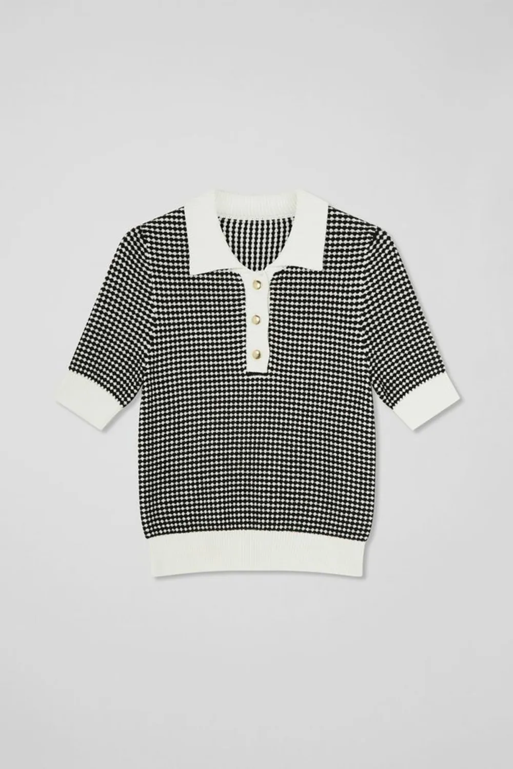 Black Cream Checkered Polo Collar Short Sleeve Knit