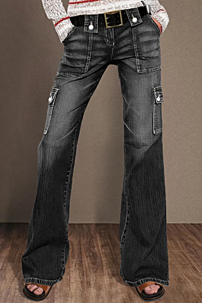 Flap Pocket Low Rise Flare Jeans Without Belt