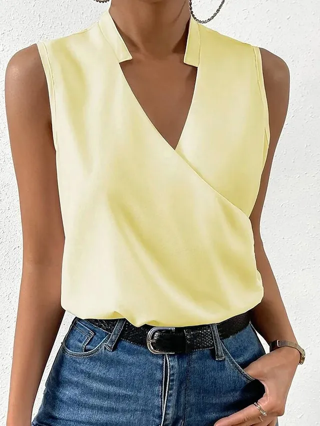 Women's Tank Top Light Yellow Black White Plain Sleeveless Casual Fashion Basic Elegant V Neck Regular Fit Sleeveless