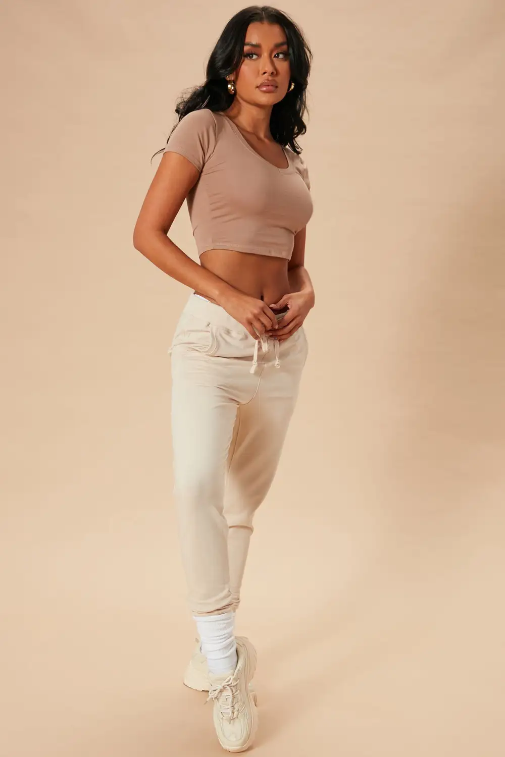 Carly V Neck Crop Tee - Mocha