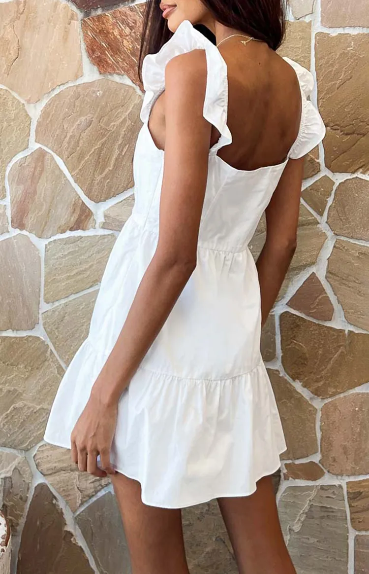 White Flutter Sleeve Ruffled Mini Dress
