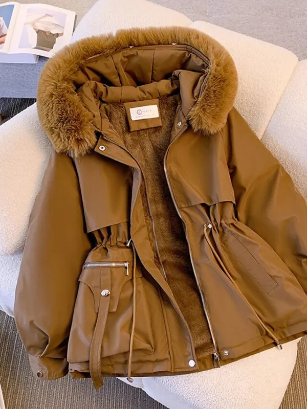 Women's Puffer Jacket Winter Fleece Parka with Collar Drawstring Zipper Coat Windproof Warm Hoodie Jacket with Pockets Fashion Street Outerwear Brown Black Khaki