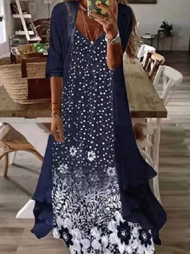 Women's Casual Dress Dress Set Two Piece Dress Long Dress Maxi Dress Purple Brown Green Half Sleeve Flower Print Summer Spring V Neck Fashion Vacation 2023 S M L XL XXL 3XL