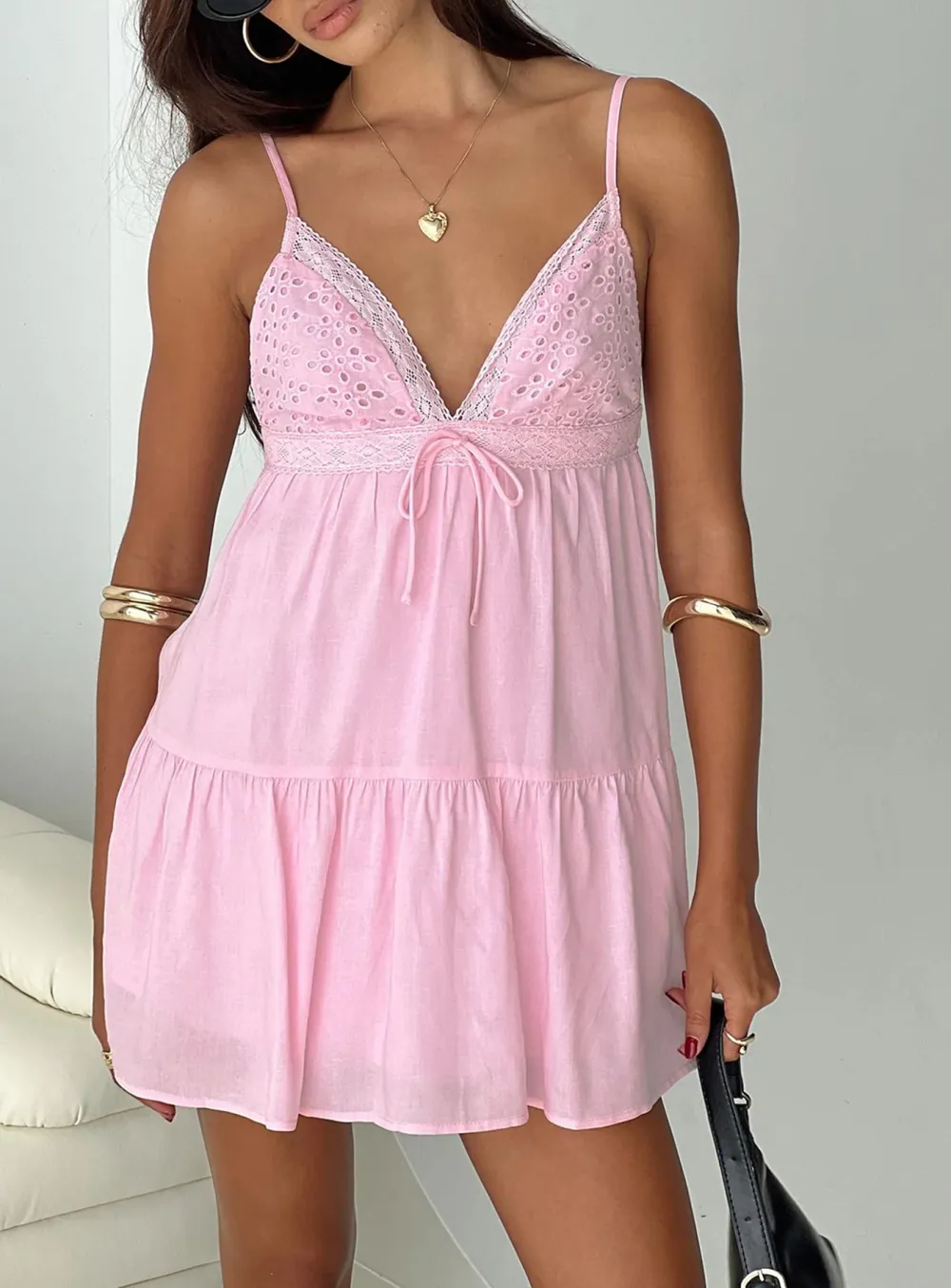 Pink Ruffled V-Neck Mini Dress
