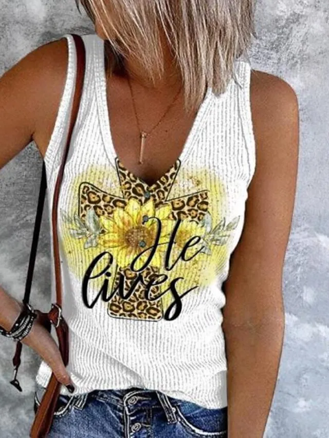 Women's Plus Size Tank Top Going Out Tops Vest Concert Tops Light Green Blue Khaki Floral Ethnic Button Print Sleeveless Holiday Streetwear Casual V Neck Regular Fit Floral