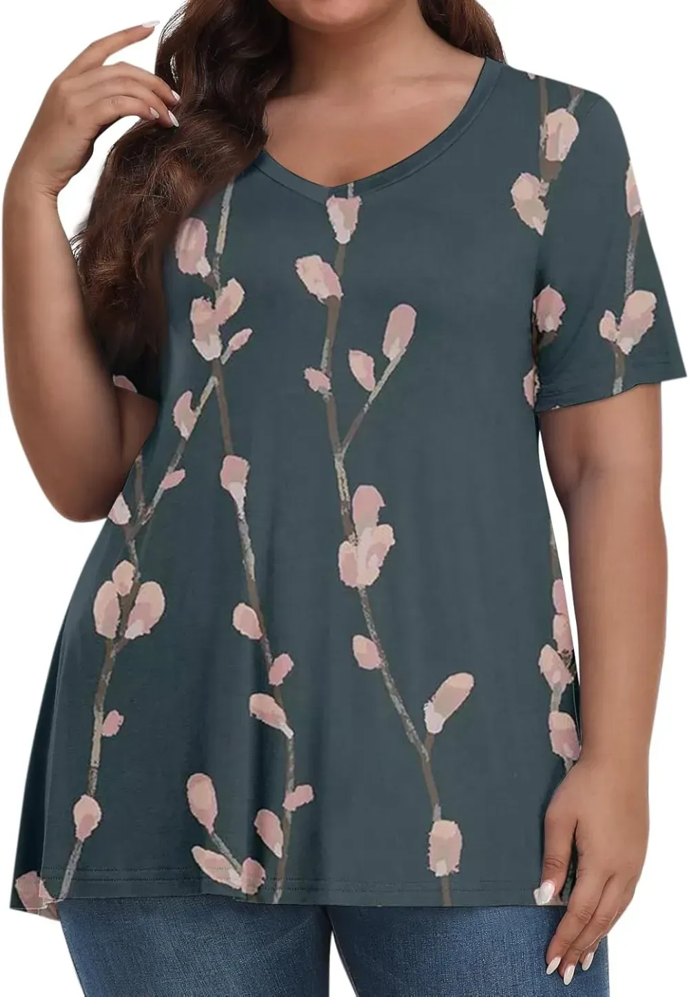 Plus Size Tops for Women Dressy Short Sleeve V Neck Shirts for Women Summer Tops for Women 2024 Floral Print Top