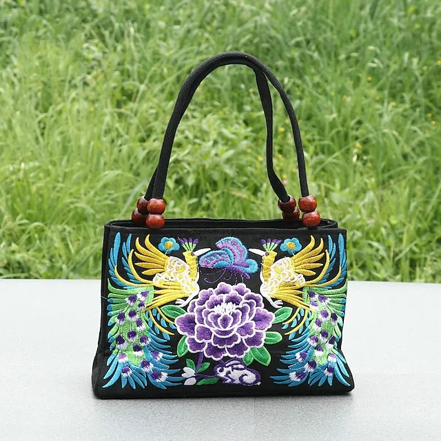 Women's Handbag Canvas Outdoor Holiday Embroidery Large Capacity Breathable Lightweight Folk Dark Red Black / Red Blue peacock