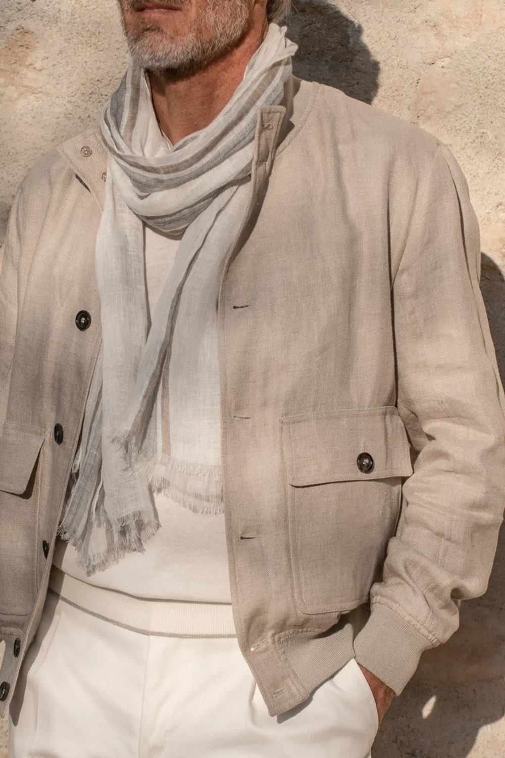 Beige Linen Bomber Jacket