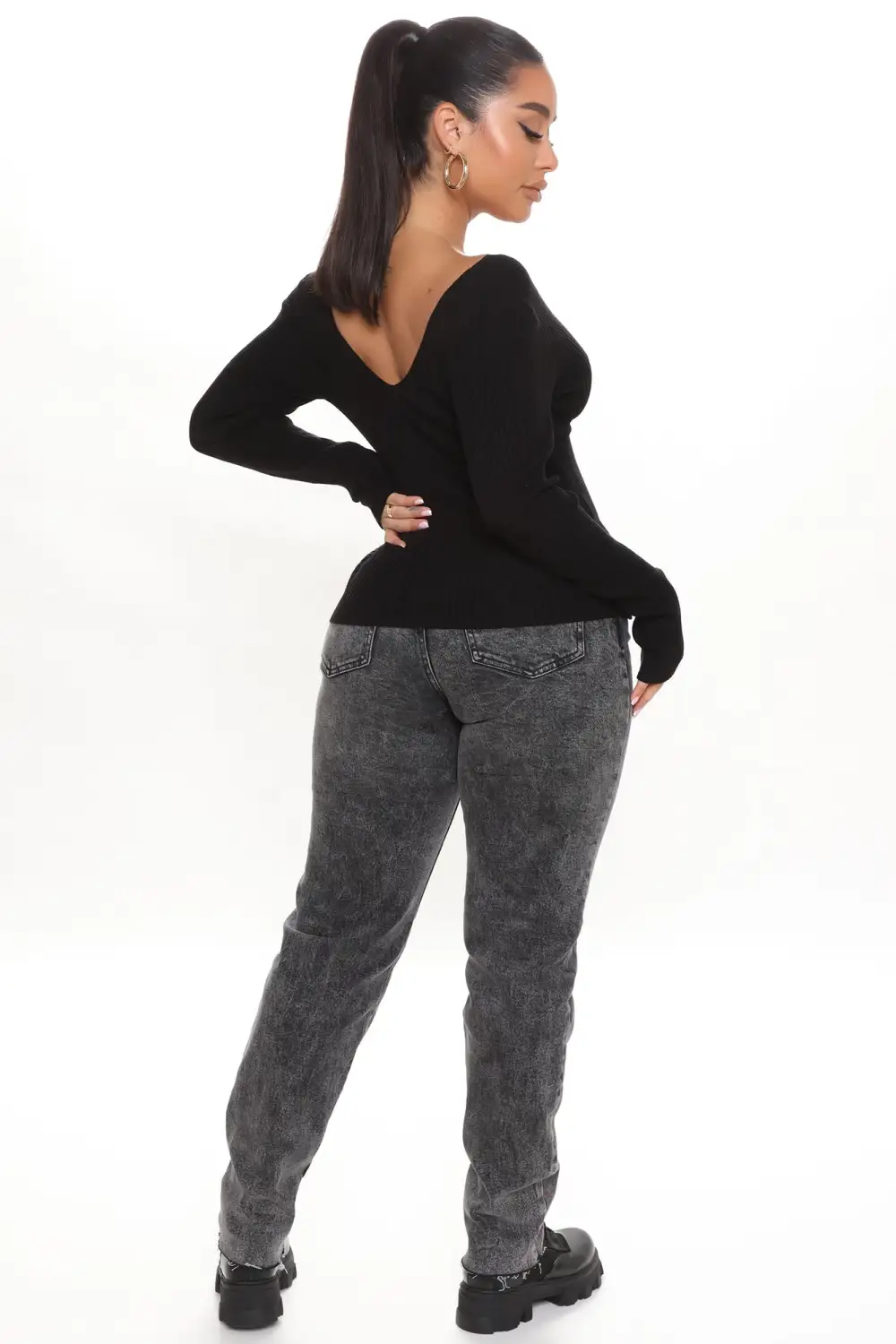 Francince Ribbed Sweater Top - Black