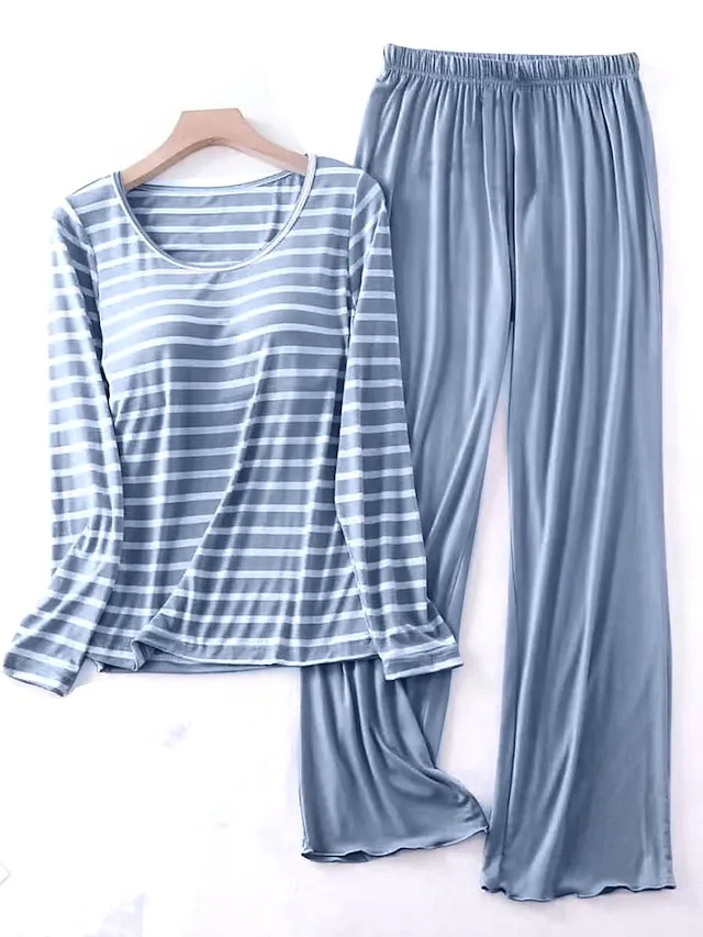 Women's Loungewear Sets 2 Pieces Stripe Fashion Casual Comfort Street Daily Date Polyester Breathable Crew Neck Long Sleeve Pant Summer Spring Black Pink