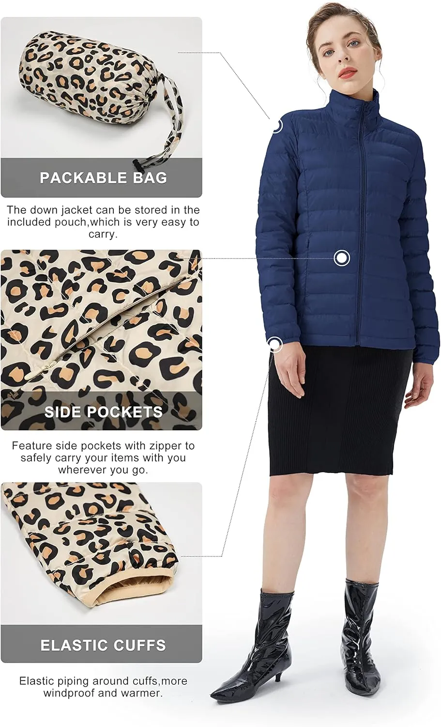 Women's Lightweight Packable Down Jacket Quilted Puffer Coat with Stand Collar