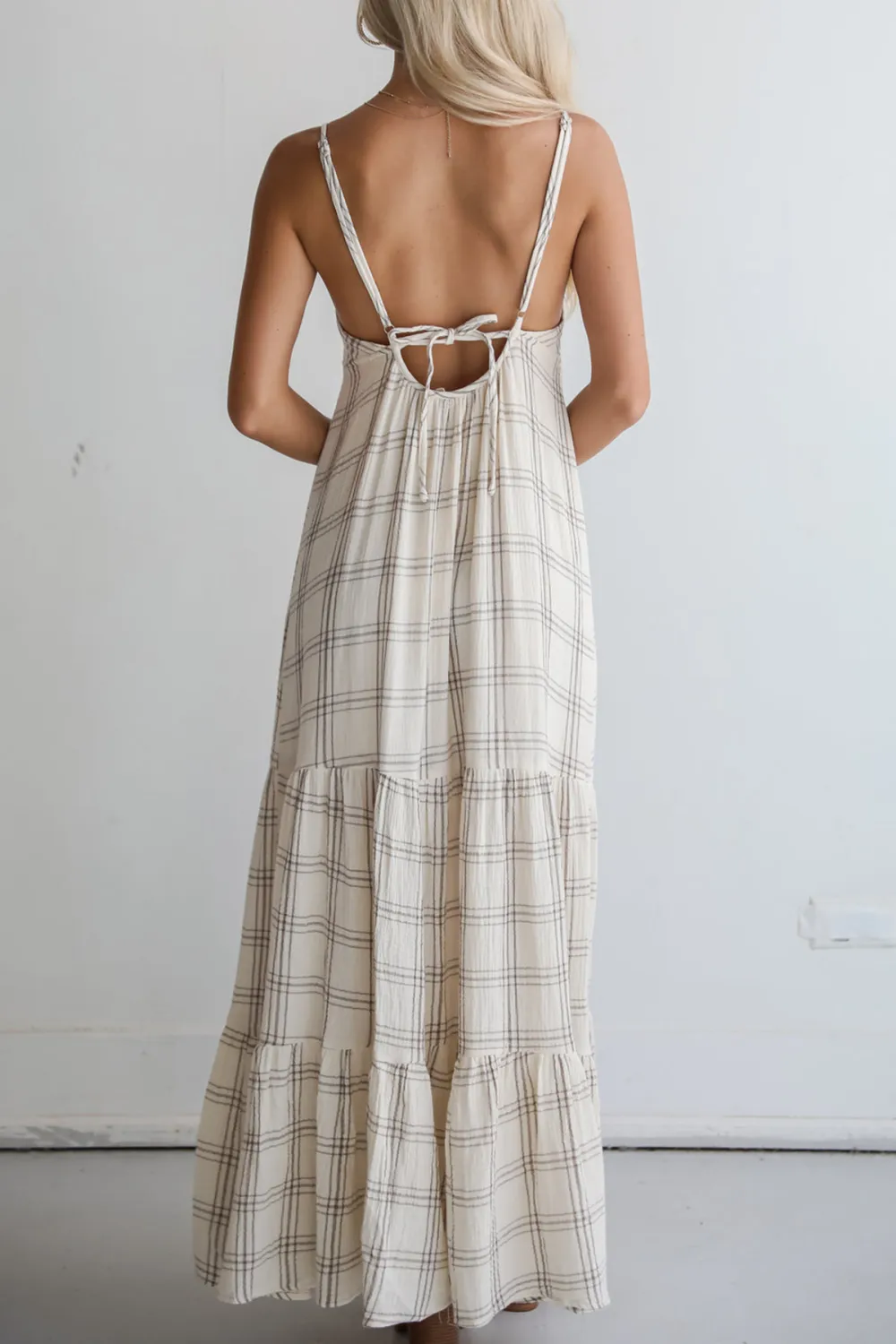 Playful Vibes Grey Plaid Linen Maxi Dress