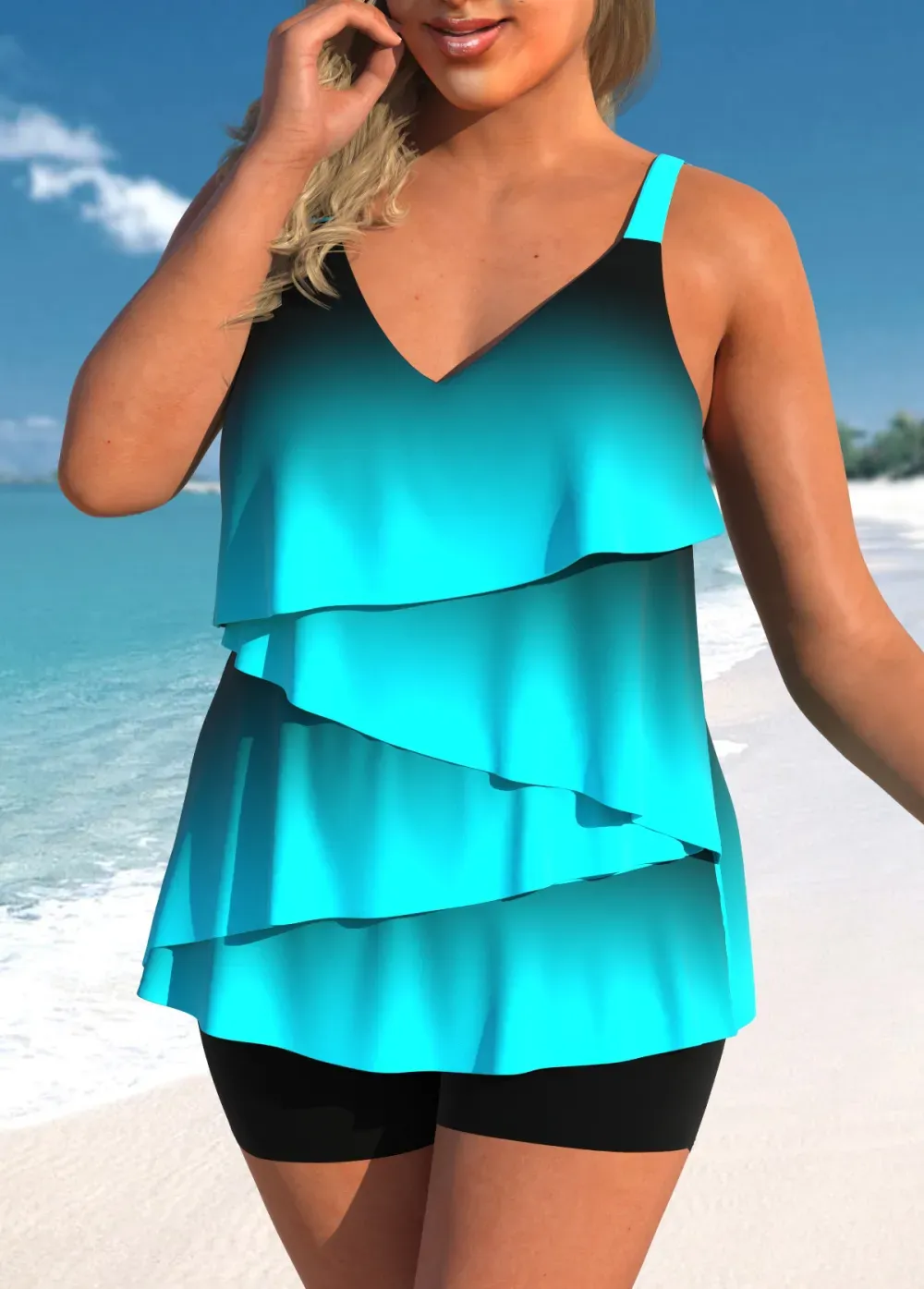 V Neck Patchwork Light Pink Tankini Top