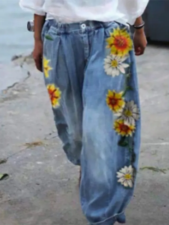 Women's Joggers Pants Trousers Baggy Faux Denim Mid Waist Fashion coastal grandma style Casual Weekend Print Micro-elastic Full Length Comfort Flower / Floral