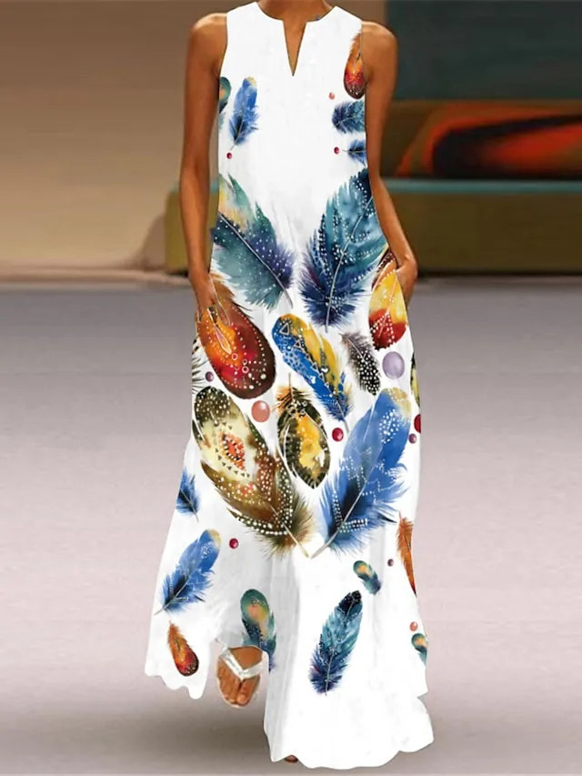 Women's Long Dress Maxi Dress Casual Dress Print Dress Outdoor Holiday Vacation  Print Sleeveless V Neck Dress Regular Fit White Red Blue Summer Spring S M L XL XXL（with no pocket)