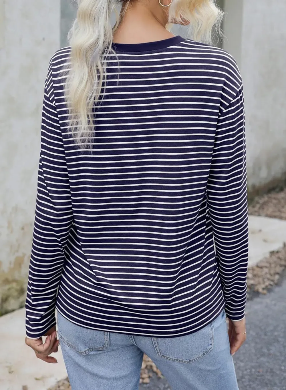 Dokotoo Women's Casual Striped Long Sleeve Tops Crew Neck Knit Ribbed Basic T Shirts