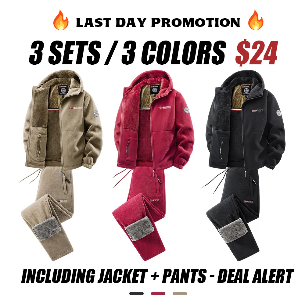 Men'S Outdoor Heavyweight Fleece Jacket&Men's Winter Outdoor Sports Fleece Pants-2 price set - Double-Sided Warm Hooded Coat With Full Zip, Multi Pockets & Machine Washable Polyester For Camping Hiking Casual Wear