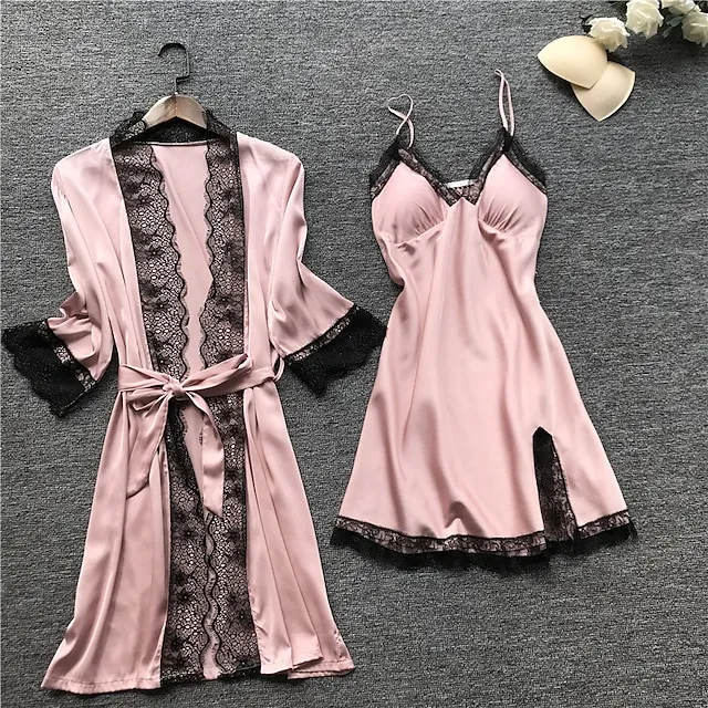 Women's Lace Satin Silk Pajamas Sets 4 Pcs Home Party Daily St.Patrick's Day Elastic Waist Pure Color Satin Simple Casual Soft Strap Top Shorts Fall Winter Spring Strap Short Sleeves Long Sleeve