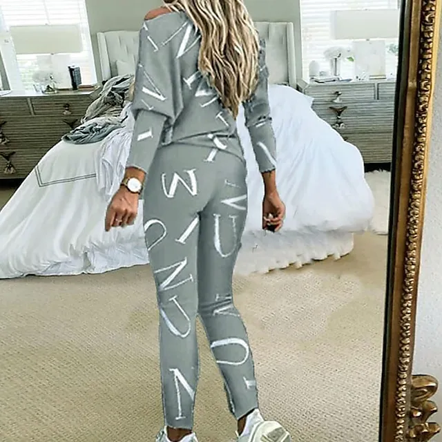 Women's Letter Print Lounge Sets Sweatsuit 2 Pcs  Crew Neck Long Sleeve Tops & Slim Pants Outfits Sport Comfort Home Street Vacation Polyester Off Shoulder Fall Winter S 2XL Black White