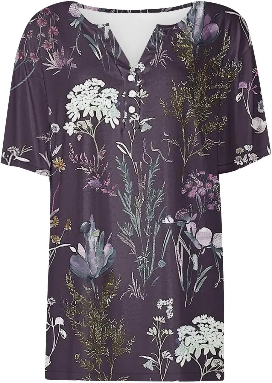Shirts for Women Casual Printed Summer Tops Short-Sleeved Button V-Neck Tops Blouse Fashion Boho T-Shirts