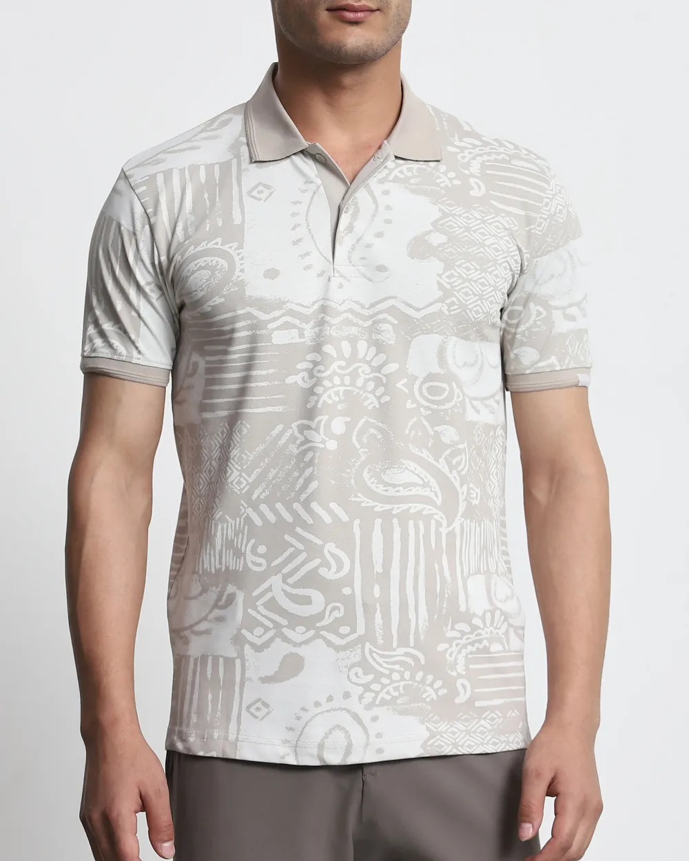 Daily Simple And Slimming Grey Abstract Print Polo Shirt