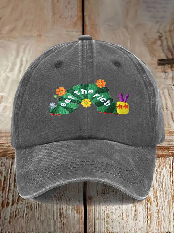 Unisex Distressed Washed Cotton Eat The Rich Print Hat