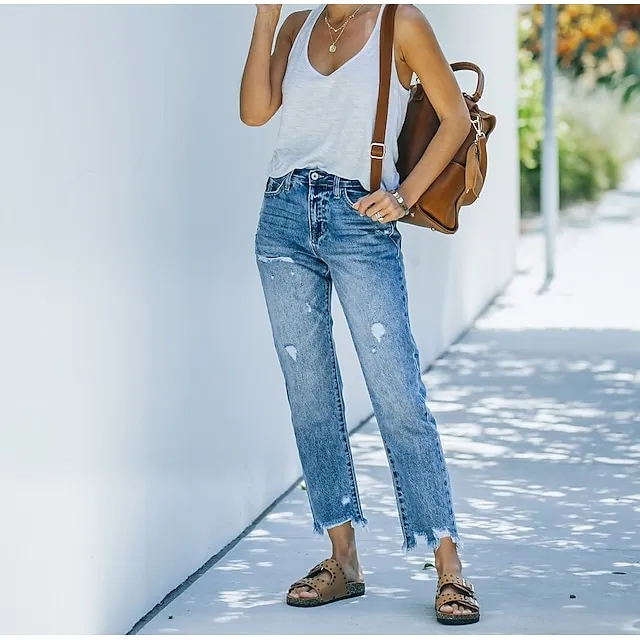 Women‘s Moms Jeans Low Rise Pants Trousers Distressed Ankle-Length Denim Side Pockets Micro-elastic Mid Waist Fashion Casual Weekend Blue S M Summer Spring & Fall