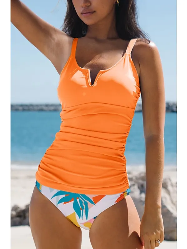 Women's Swimwear Tankini 2 Piece Normal Swimsuit 2 Piece Solid Color Black Blue Orange Bathing Suits Sports Beach Wear Summer