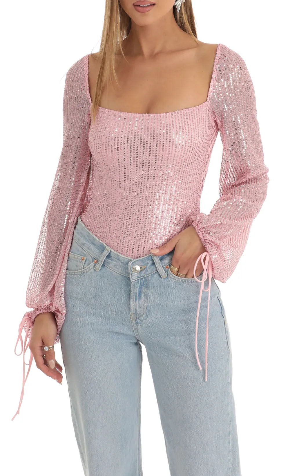Amory Sequin Long Sleeve Bodysuit in Pink