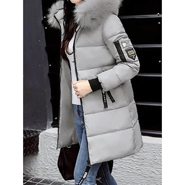 Women's Parka Long Puffer Jacket Windproof Thermal Warm Heated Coat with Pockets Winter Coat with Fur Collar Hood Long Sleeve Full Zip Black White Pink