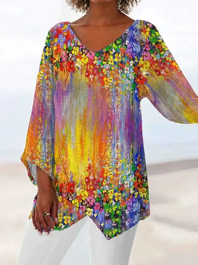 Vintage Flower Oil Painting Gradient Print Irregular Tops