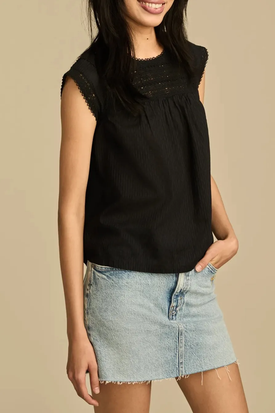 Jet Black Lace Neck Pintuck Shell Top