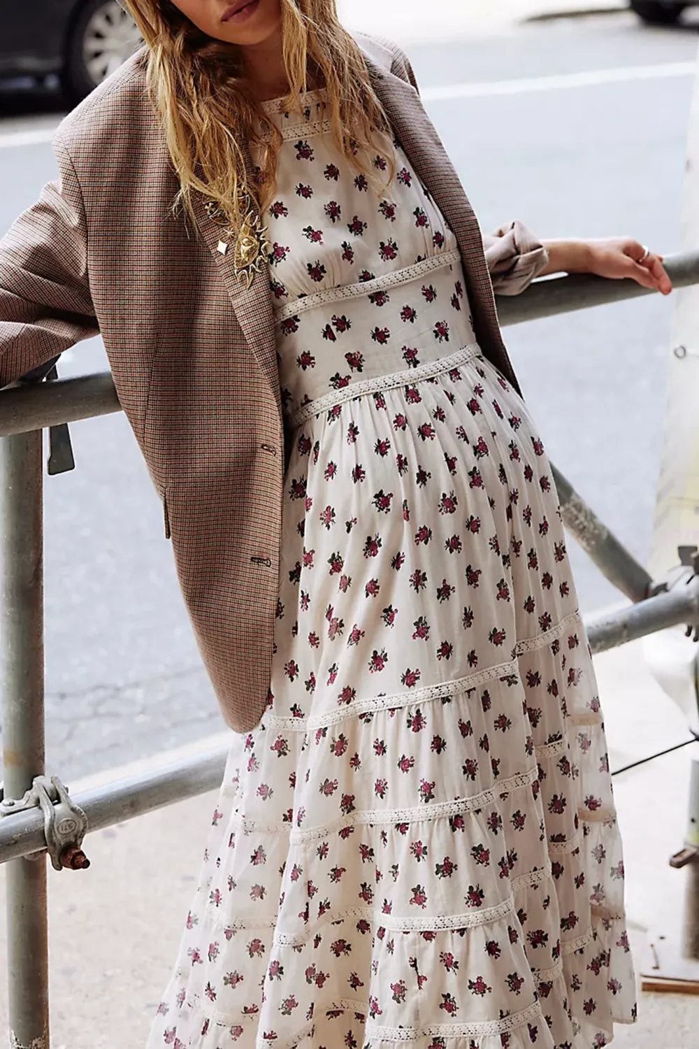 Long Sleeve Floral Print Tiered Midi Dress