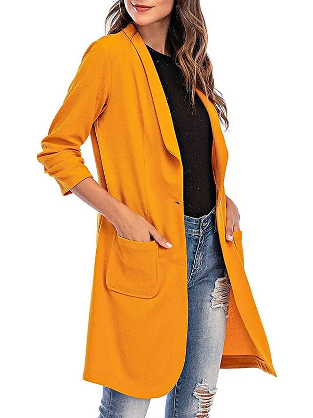 Women's Blazer Clean Fit  Casual Work Daily Fall Spring Long Coat Regular Fit Breathable Lightweight Sporty Casual Jacket 3/4 Length Sleeve Solid Color Black Pink Yellow