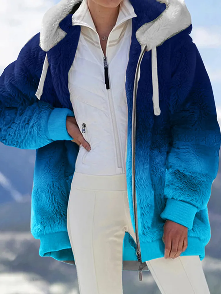 Loose Plush Gradient Zip Hooded Coat