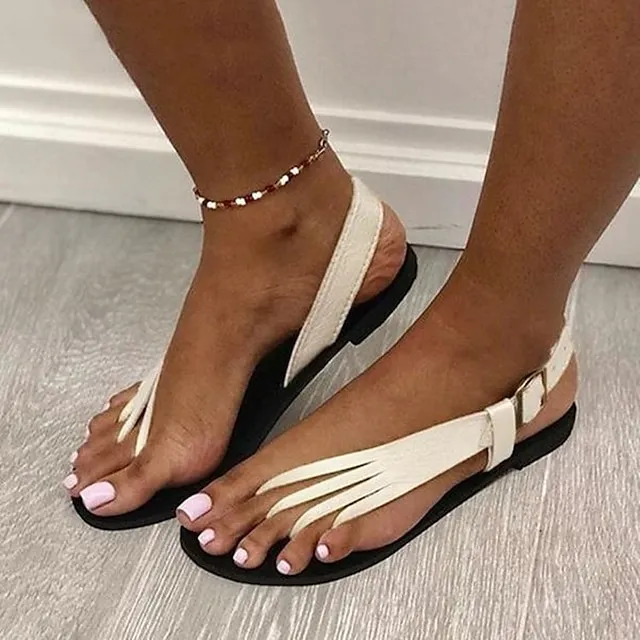 Women's Sandals Boho Bohemia Beach Flat Sandals Barefoot Sandals Daily Beach Summer Buckle Flat Heel Round Toe Open Toe Vintage Classic Casual Faux Leather T-Strap Solid Colored Black White Gold