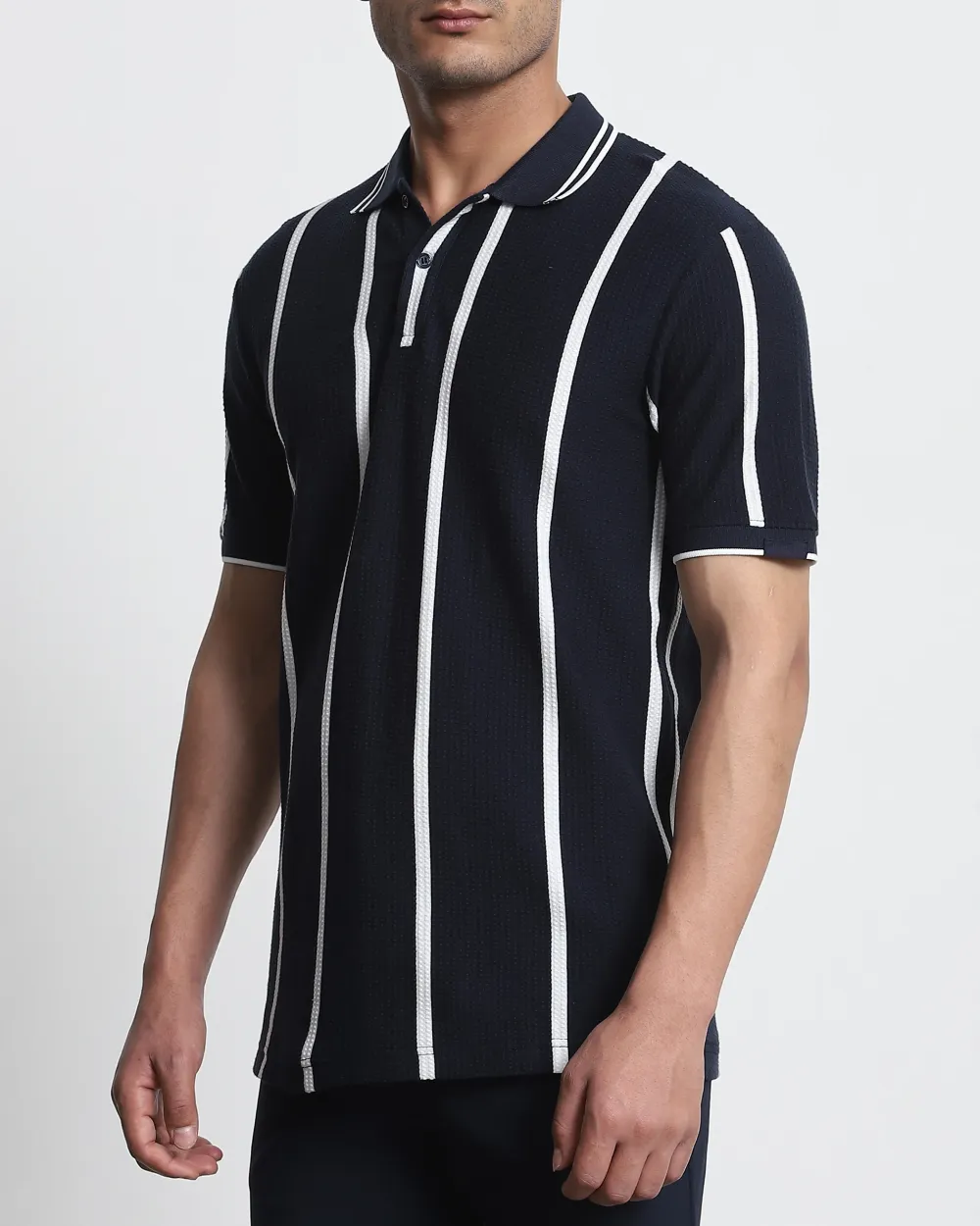 Daily Simple And Slimming Navy Striped Polo Shirt