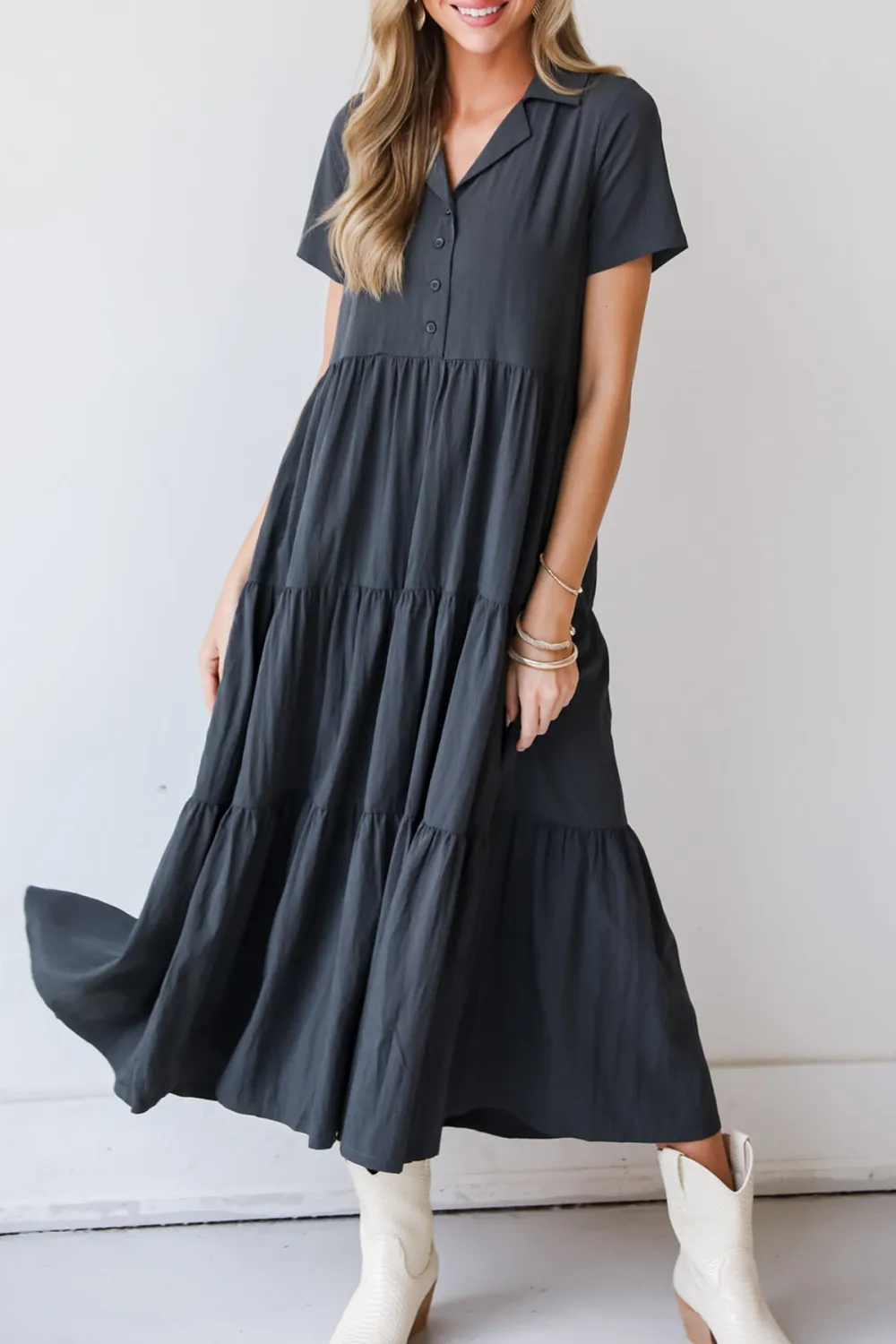 Stellar Sweetie Charcoal Tiered Maxi Dress